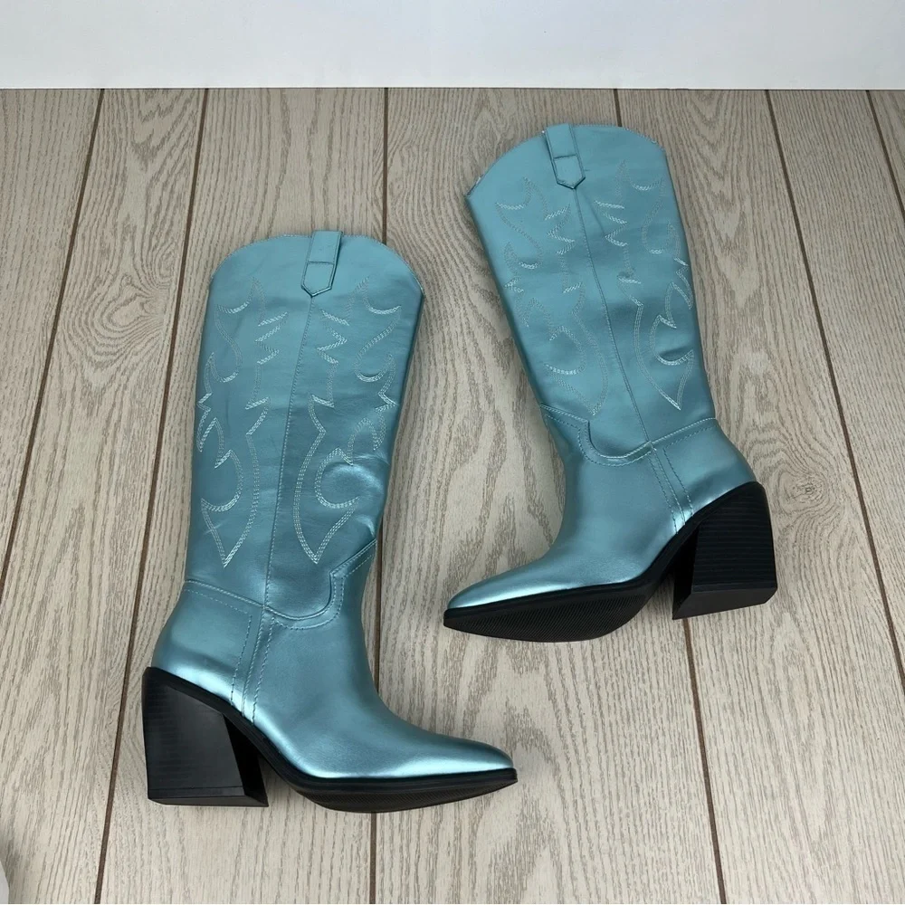 Madden Girl Arizona Knee High Cowboy Boots 7.5M Metallic Blue $99